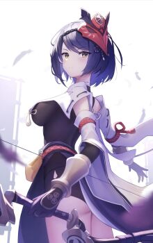  1girl aimo_wotku bow_(weapon) breasts commentary_request cowboy_shot falling_feathers feathers genshin_impact highres holding holding_bow_(weapon) holding_weapon kujou_sara large_breasts looking_at_viewer purple_hair short_hair solo weapon yellow_eyes 