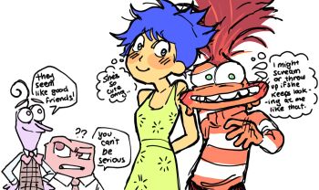  2 2024 2boys anger_(inside_out) anxiety_(inside_out_2) blush davriann dress english_text fear_(inside_out) highres inside_out inside_out_2 joy_(inside_out) multiple_boys shirt speech_bubble twitter yuri  rating:General score:1 user:smutuploader