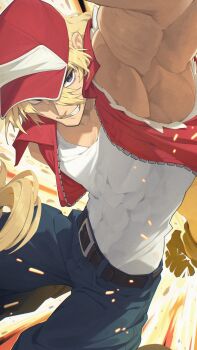  1boy arm_up baseball_cap belt belt_buckle black_belt blonde_hair blue_eyes blue_pants buckle commentary_request covered_abs crew_neck denim fatal_fury floating_hair grin hat hata4564 highres jeans long_hair looking_to_the_side male_focus muscular muscular_male pants red_hat red_vest shirt sideways_glance smile solo terry_bogard torn_clothes torn_sleeves vest white_shirt 