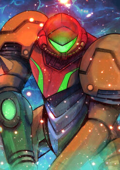  1girl absurdres aki-t_(akitbfpf144) arm_cannon armor assault_visor facing_viewer full_armor helmet highres metroid nintendo orange_armor power_armor power_suit_(metroid) samus_aran solo varia_suit weapon 