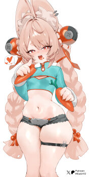  1girl ahoge animal_ear_fluff animal_ears aqua_shirt artist_name blush braid breasts carrot cleavage_cutout clothing_cutout crop_top cropped_shirt fang food food_on_face hair_ornament heart holding holding_food kyojiri_loli light_brown_hair loli long_hair long_sleeves looking_at_viewer micro_shorts midriff mila_(milaart12) navel open_mouth rabbit_ears red_eyes shirt shorts simple_background skindentation small_breasts smile solo spoken_heart stomach symbol-shaped_pupils thick_thighs thigh_strap thighs twin_braids very_long_hair white_background wide_hips zenless_zone_zero zhao_(zenless_zone_zero) 