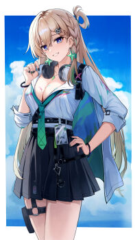  1girl aqua_necktie black_nails black_skirt blonde_hair blue_eyes blue_sky border braid braided_bangs breasts bright_pupils cleavage commentary_request earrings green_nails hair_between_eyes hair_ornament hand_on_own_hip headphones headphones_around_neck highres id_card jacket jewelry large_breasts long_hair looking_at_viewer lynae_(wuthering_waves) multicolored_hair multicolored_nails necklace necktie parted_lips shengwr shirt shirt_tucked_in skirt skull_hair_ornament sky smile solo star_(symbol) star_earrings streaked_hair thighs very_long_hair white_border white_jacket white_pupils white_shirt wuthering_waves 