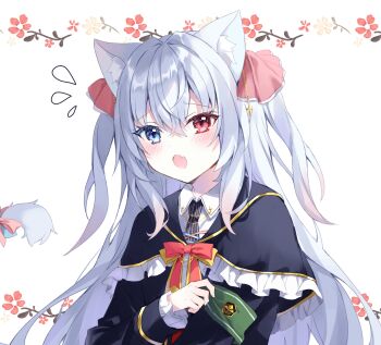  1girl animal_ears armband blue_eyes bow cat_ears cat_girl commentary_request dress food heterochromia highres ice_cream jewelry kanzaki_ririka long_hair original red_eyes upper_body virtual_youtuber white_hair 