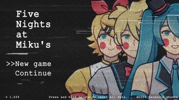  1boy 2girls :| absurdres aqua_eyes aqua_hair aqua_necktie artist_name black_sleeves blonde_hair blush bonnie_(fnaf) bonnie_(fnaf)_(cosplay) bow character_name chica chica_(cosplay) closed_mouth collared_shirt commentary copyright_notice cosplay detached_sleeves english_commentary english_text fake_screenshot five_nights_at_freddy's freddy_fazbear freddy_fazbear_(cosplay) glitch grin hair_bow hair_ornament hairclip hat hatsune_miku highres kagamine_len kagamine_rin mini_hat multiple_girls necktie paranoid_ghosts puffy_short_sleeves puffy_sleeves red_bow shirt short_sleeves sleeveless sleeveless_shirt smile teeth top_hat twintails vocaloid white_shirt 