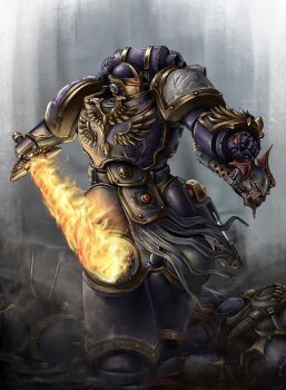  1boy absurdres adeptus_astartes armor emperor's_children fire flaming_sword flaming_weapon full_armor helmet highres holding holding_sword holding_weapon little_sun pauldrons power_armor power_fist shoulder_armor solo sword warhammer_40k weapon 