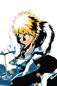  1boy bleach brown_eyes buttons coat fur_trim jacket kubo_tite kurosaki_ichigo looking_at_viewer male_focus official_art orange_hair second-party_source shadow short_hair simple_background spiked_hair upper_body white_background white_jacket 