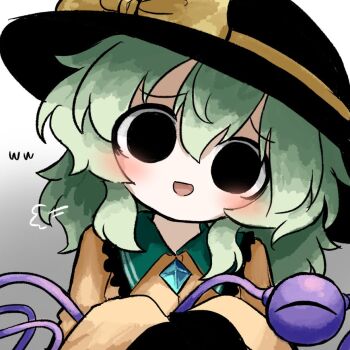  1girl black_eyes black_hat bow buttons commentary diamond_button eyeball frilled_shirt_collar frilled_sleeves frills green_hair hat hat_bow hat_ribbon heripantomorrow komeiji_koishi ribbon shirt sleeves_past_wrists smug symbol-only_commentary third_eye touhou translated yellow_ribbon yellow_shirt 