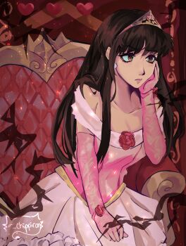  1girl absurdres amagi_yukiko artist_name black_hair chippiron commentary dress earrings english_commentary head_rest highres jewelry long_hair persona persona_4 pink_dress shadow_yukiko sitting_on_throne solo tiara yellow_eyes 