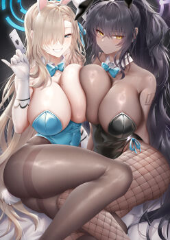  2girls absurdres animal_ears ass asuna_(blue_archive) asuna_(bunny)_(blue_archive) asymmetrical_docking bare_shoulders black_hair black_leotard black_pantyhose blue_archive blue_bow blue_bowtie blue_eyes blue_leotard bow bowtie breast_press breasts card cleavage dark-skinned_female dark_skin detached_collar expressionless fake_animal_ears fake_tail fishnet_pantyhose fishnets gloves hair_between_eyes hair_over_one_eye halo highres holding huge_breasts karin_(blue_archive) karin_(bunny)_(blue_archive) leotard light_brown_hair long_hair looking_at_viewer mole mole_on_breast multiple_girls official_alternate_costume pantyhose playboy_bunny playing_card revision rourou_(been) sitting smile tail thighband_pantyhose very_dark_skin very_long_hair white_gloves yellow_eyes 