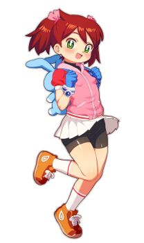  1girl :d animal_bag backpack bag bike_shorts black_shirt black_shorts blue_bag blue_gloves bracelet breasts bright_pupils clothes_lift commentary_request crotch_seam full_body funifuchan gloves green_eyes grey_outline hair_ribbon highres holding_strap jacket jewelry looking_at_viewer open_mouth orange_shoes outline pink_jacket pink_ribbon pleated_skirt rabbit_bag red_hair red_sleeves ribbon saru_getchu sayaka_(saru_getchu) shirt shoes short-sleeved_jacket short_hair short_sleeves short_twintails shorts shorts_under_skirt simple_background skirt skirt_lift small_breasts smile sneakers socks solo standing standing_on_one_leg turtleneck turtleneck_shirt twintails white_background white_pupils white_skirt white_socks 