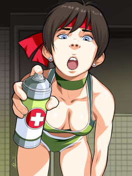 1girl blue_eyes brown_hair buruma downblouse earrings exmile first_aid green_buruma green_sports_bra headband highres holding holding_spray_can jewelry looking_at_viewer official_alternate_costume open_mouth rebecca_chambers red_headband resident_evil resident_evil_0 solo sports_bra spray_can stud_earrings teeth thigh_gap upper_teeth_only 