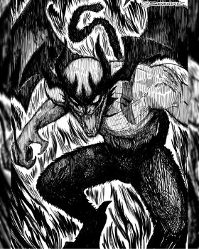  1boy commentary_request demon demon_boy demon_horns demon_tail demon_wings devilman devilman_(character) evil_smile greyscale hatching_(texture) highres horns instagram_username linear_hatching male_focus monochrome open_mouth pillarboxed seveninks sharp_teeth smile solo spanish_commentary tail teeth wings 