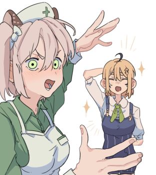  addendium ahoge animal_ears apron blonde_hair blue_overalls dooby dooby_(1st_costume) green_eyes hat highres indie_virtual_youtuber medium_hair multicolored_hair multiple_girls nimi_nightmare nurse_cap open_mouth overalls shirt short_hair simple_background streaked_hair tapir_ears tapir_girl virtual_youtuber white_apron white_background white_shirt 