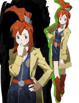  1girl belt black_background blue_dress blush_stickers boots brown_boots closed_mouth coat collarbone collared_dress colored_shadow dress ghost_trick hair_ornament hand_on_own_chin hand_on_own_hip hand_up highres impossible_hair lapels light_smile long_sleeves looking_to_the_side lynne_(ghost_trick) ma_fu multiple_views notched_lapels open_clothes open_coat red_belt red_hair shadow short_dress sidelocks sideways_glance single_blush_sticker sketch standing sweatdrop trench_coat two-tone_background v-shaped_eyebrows white_background yellow_coat zipper_dress zipper_pull_tab 