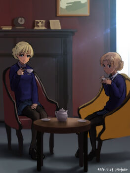 10s 2girls artist_name bad_id bad_pixiv_id blazer blonde_hair bloom blue_eyes blue_sweater blurry braid chair clock cup darjeeling_(girls_und_panzer) dated depth_of_field french_braid furukawa_herzer girls_und_panzer hand_in_lap hand_on_lap highres holding holding_cup indoors jacket lens_flare loafers looking_at_viewer mantel_clock mantelpiece military military_vehicle motor_vehicle multiple_girls orange_hair orange_pekoe_(girls_und_panzer) painting_(object) pantyhose saucer school_uniform shoes sitting sweater table tank tea teacup teapot window