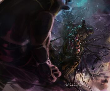  2boys animal_ears animal_nose animatronic blurry blurry_foreground chain chained commentary_request damaged five_nights_at_freddy's glowing glowing_eyes golden_freddy highres kawarayane multiple_boys outstretched_arm rabbit_ears restrained sitting springtrap twitter_username 