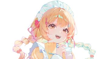  1girl :d absurdres blonde_hair braid braided_twintails character_request commentary copyright_request fortissimo h0kori hair_ornament hair_ribbon hairclip hand_up highres jacket long_hair looking_at_viewer maid_headdress musical_note musical_note_hair_ornament open_mouth orange_eyes parallel_hairclips parted_bangs portrait red_ribbon ribbon simple_background smile solo star_(symbol) star_in_eye symbol-only_commentary symbol_in_eye transparent_background twin_braids virtual_youtuber yellow_jacket 