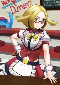  1girl absurdres blonde_hair bow diner frown gen_2_pokemon green_eyes hat highres indoors jewelry navel nintendo pallizo pokemon pokemon_bw red_vest ring semi-rimless_eyewear short_sleeves skirt solo third-party_source tile_floor tiles vest waitress wobbuffet wrist_cuffs yellow_bow 