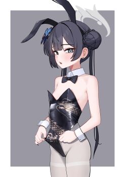  1girl absurdres animal_ear_hairband animal_ears black_bow black_bowtie black_hair black_leotard black_nails blue_archive bow bowtie breasts butterfly_hair_ornament detached_collar dragon_print fake_animal_ears grey_eyes grey_halo hair_bun hair_ornament hairband halo highres kisaki_(blue_archive) leotard loli long_hair looking_at_viewer nail_polish pantyhose playboy_bunny rabbit_ears solo tangsuyook twintails white_pantyhose 