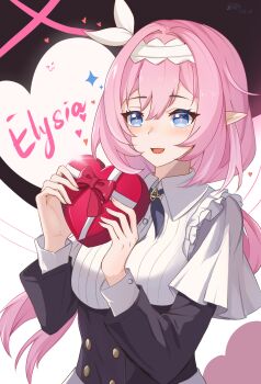  1girl alternate_costume artist_name blue_eyes blush box breasts character_name chinese_commentary commentary_request dated dress elf elysia_(honkai_impact) hair_between_eyes hairband heart-shaped_box highres holding holding_box honkai_(series) honkai_impact_3rd long_hair looking_at_viewer pink_hair pink_pupils pointy_ears signature smile upper_body valentine white_dress white_hairband zerosama_(sailuojiang) 