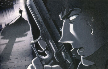  2boys cane cowboy_bebop greyscale gun handgun hat highres holding holding_gun holding_weapon iwi_jericho_941 light mad_pierrot male_focus monochrome multiple_boys nervous open_mouth scan shadow spike_spiegel sweatdrop teeth weapon 