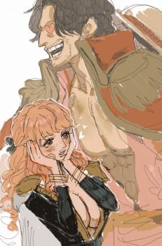  1boy 1girl beard black_hair blunt_bangs bracelet breasts cape cleavage coat collared_coat commentary_request epaulettes eyelashes facial_hair gloriosa_(one_piece) gol_d._roger hands_on_own_cheeks hands_on_own_face hat heart heart-shaped_eyes jewelry juugagon one_piece pink_hair pink_shirt red_coat shirt short_hair smile straw_hat white_cape 