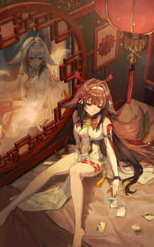  1girl absurdres animal_ears barefoot bracelet brown_hair china_dress chinese_clothes commentary_request different_reflection dress droopy_ears fox_ears fox_girl fox_tail grey_hair hair_intakes hairband highres indoors jewelry kotobuki_nashiko lantern leg_tattoo long_hair mirror pankou pelvic_curtain red_eyes red_hair reflection sitting tail tassel tattoo very_long_hair white_hairband ye_shunguang zenless_zone_zero 