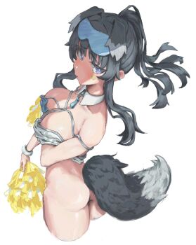  1girl animal_ears arm_under_breasts ass black_hair blue_archive blue_eyes blush bottomless breasts butt_crack cheerleader cleavage detached_collar embarrassed floppy_ears from_behind goggles goggles_on_head hanpen_845 hibiki_(blue_archive) hibiki_(cheer_squad)_(blue_archive) holding holding_pom_poms large_breasts long_hair off-shoulder_shirt off_shoulder pom_pom_(cheerleading) pom_poms ponytail shirt sidelocks solo standing star_(symbol) star_sticker sticker sticker_on_face tail white_background white_shirt wristband 