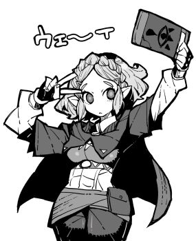  1girl braided_hairband dowman_sayman highres monochrome nintendo pout princess_zelda sheikah_slate short_hair solo the_legend_of_zelda the_legend_of_zelda:_breath_of_the_wild v  rating:General score:4 user:Xalrun