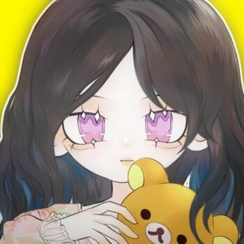  2ne1 animification black_hair blue_hair chinese_commentary holding holding_stuffed_toy k-pop long_sleeves looking_at_viewer miao_da_ye_ye minzy_(singer) multicolored_hair outline pink_shirt portrait purple_eyes real_life rilakkuma san-x shirt streaked_hair stuffed_animal stuffed_toy teddy_bear white_outline yellow_background 