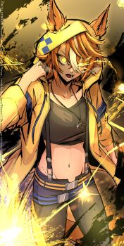  absurdres animal_ears black_leggings black_shirt blanace breasts brown_hair collarbone commentary_request cropped_shirt dictus_striker_(umamusume) ears_through_headwear ears_through_hood eye_trail glowing glowing_eyes hair_between_eyes highres hood hooded_jacket hoodie horse_ears horse_girl horse_tail jacket jewelry leggings leggings_under_shorts light_trail long_sleeves looking_at_viewer midriff multicolored_hair navel necklace open_mouth shirt short_hair shorts sparks streaked_hair suspenders tail teeth umamusume umamusume:_cinderella_gray white_hair yellow_eyes yellow_hood yellow_hoodie yellow_jacket 