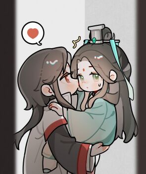  2boys averting_eyes bindi black_border black_hair black_hanfu blush border carrying chibi chibi_only chinese_clothes closed_mouth collared_robe curtained_hair ear_blush gem green_eyes green_gem green_hanfu green_ribbon grey_background half_updo hanfu hashtag-only_commentary highres kiss kissing_cheek layered_sleeves long_hair long_sleeves looking_at_another looking_at_viewer luo_binghe male_focus multiple_boys parted_bangs pillarboxed princess_carry raised_eyebrows red_eyes renzha_fanpai_zijiu_xitong ribbon ribboned_xiao_guan robe shen_qingqiu surprised sweatdrop thick_eyebrows very_long_hair white_background white_robe wolf_cut yaoi zorenbigmalo 