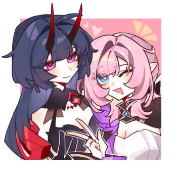  2girls ;o black_dress black_hair black_shrug blue_dress blue_eyes blue_hair border breasts cerydra_(honkai:_star_rail) chinese_commentary cleavage commentary_request crown dreaming-of-flying-free dress elf elysia_(honkai_impact) elysia_(miss_pink_elf)_(honkai_impact) hair_intakes hair_ornament hand_on_another's_chin highres honkai:_star_rail honkai_(series) honkai_impact_3rd horns hysilens_(honkai:_star_rail) jewelry large_breasts long_hair looking_at_viewer multiple_girls one_eye_closed pink_background pink_hair pointy_ears purple_eyes purple_hair raiden_mei red_horns ring shrug_(clothing) smile upper_body v very_long_hair white_border yuri 