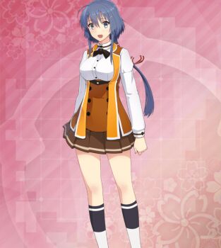  1girl :d ahoge aqua_eyes bare_legs black_bow black_bowtie blue_hair blue_socks blush bow bowtie breasts brown_skirt brown_vest buttons commentary_request double-breasted double-parted_bangs feet_out_of_frame floral_background game_cg hair_ornament hair_ribbon hairclip highres kneehighs large_breasts long_hair long_sleeves looking_at_viewer low_ponytail mole mole_under_eye official_art open_mouth osafune_girls_academy_school_uniform pink_background ponytail red_ribbon resized ribbon school_uniform setouchi_chie shirt sidelocks skirt smile socks solo striped_ribbon third-party_source toji_no_miko toji_no_miko:_kizamishi_issen_no_tomoshibi two-tone_socks underbust upscaled variant_set vest white_shirt white_socks 