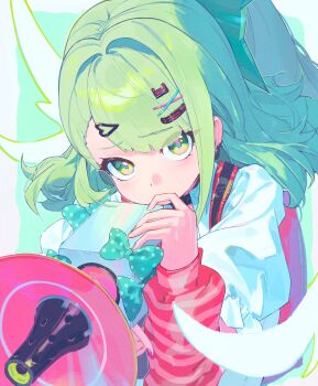  1girl absurdres bow covered_mouth green_bow green_eyes green_hair hair_ornament hairclip highres holding holding_megaphone long_hair looking_at_viewer megaphone miaooon shirt solo striped_clothes sunna_(zenless_zone_zero) upper_body variant_set white_shirt zenless_zone_zero 