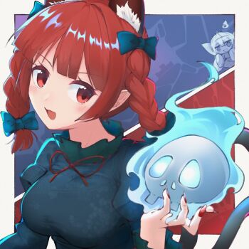  1girl animal_ears black_dress blush bow braid breasts cat_ears cat_tail commentary_request dress fire green_bow hair_bow highres kaenbyou_rin large_breasts long_hair long_sleeves nazawa_(nother) neck_ribbon open_mouth red_eyes red_hair red_ribbon ribbon skull solo tail touhou twin_braids 