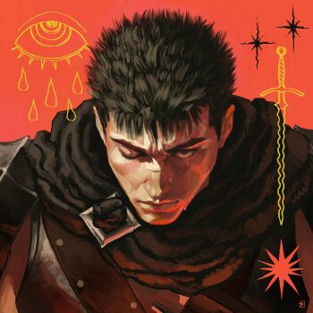  1boy armor berserk black_cape black_hair black_shirt blood bloody_tears cape closed_mouth commentary english_commentary guts_(berserk) highres male_focus one_eye_closed pauldrons princerevenant red_background shirt short_hair short_sideburns shoulder_armor sideburns solo thick_eyebrows upper_body 