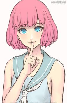  1boy aqua_eyes blue_serafuku bob_cut catherine:_full_body catherine_(game) crossdressing crossdressing_(mtf) finger_to_mouth gofelem looking_at_viewer necktie patreon_username pink_hair rin_(catherine) school_uniform serafuku short_hair shushing sleeveless smile trap twitter_username upper_body white_background white_necktie 