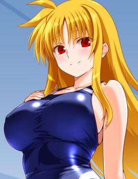  1girl blonde_hair blue_one-piece_swimsuit breasts commentary_request competition_swimsuit engo_(aquawatery) fate_testarossa hand_on_own_chest large_breasts long_hair lyrical_nanoha mahou_shoujo_lyrical_nanoha_strikers one-piece_swimsuit red_eyes solo swimsuit upper_body 