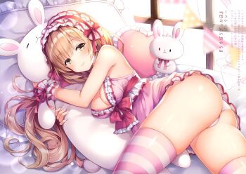 1girl armpit_crease ass bare_shoulders blurry breasts brown_hair chemise cleavage female_focus headdress highres hugging_object long_hair looking_at_viewer lying medium_breasts mitsuba_choco on_bed on_side original panties pillow pillow_hug scan sleeveless smile solo striped_clothes striped_thighhighs stuffed_animal stuffed_rabbit stuffed_toy thighhighs underwear very_long_hair white_panties wrist_cuffs yellow_eyes rating:Sensitive score:43 user:danbooru