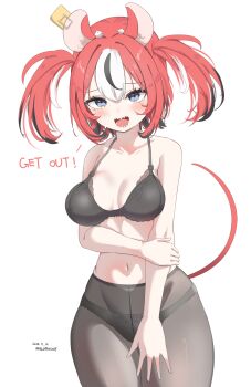  1girl absurdres animal_ears artist_name black_bra black_hair black_panties black_pantyhose blush bra breasts collarbone commentary dice dice_hair_ornament english_text hair_ornament hakos_baelz hand_on_own_arm highres hololive hololive_english lace lace_bra lace_panties mouse_ears mouse_tail mousetrap multicolored_hair navel open_mouth panties pantyhose red_hair shouting sweat tail tearing_up thighs timestamp twintails underwear uneven_twintails vanillafox2035 white_background white_hair 