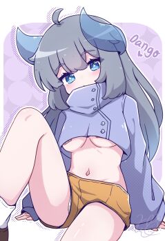  +_+ 1girl ahoge bandaid bandaids_on_nipples blue_eyes blue_horns borrowed_character breasts brown_shoes brown_shorts character_name closed_mouth commentary cropped_jacket english_commentary grey_hair highres horns jacket knee_up kurotofu long_hair navel original panties panty_peek pasties purple_jacket shoes short_shorts shorts socks solo underboob underwear upshorts white_panties white_socks 