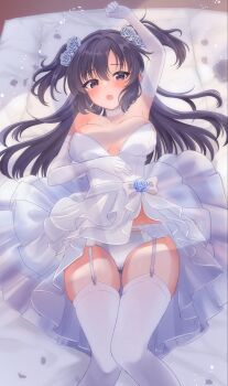  1girl :o alternate_costume areola_slip arm_up bare_shoulders blue_archive blue_flower blue_rose blush bow breasts breasts_apart bride cameltoe choker clenched_hand clip_studio_paint_(medium) commentary commission dress dress_bow dress_flower elbow_gloves feet_out_of_frame flower frilled_dress frills garter_belt garter_straps gloves hair_between_eyes hair_flower hair_ornament hair_spread_out hand_on_own_stomach head_on_pillow highres large_breasts leotard long_hair looking_at_viewer lying on_back on_bed open_mouth panties petals pillow purple_eyes purple_hair rose rose_petals sidelocks skeb_commission skindentation solo strapless strapless_leotard taneshiboringo thigh_gap thighhighs thighs tsurime two_side_up underwear upskirt wedding_dress white_bow white_choker white_dress white_flower white_garter_belt white_gloves white_panties white_rose white_thighhighs yuuka_(blue_archive) 