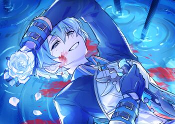  1boy absurdres arm_above_head arm_belt arm_up belt belt_buckle black_belt black_gloves blood blood_in_water blood_on_face blue_eyes blue_gem blue_hair buckle coat dutch_angle flower gem genshin_impact gloves grin hand_on_own_chest highres lohen_(genshin_impact) long_sleeves looking_at_viewer male_focus parted_bangs petals ripples rose short_hair smile solo upper_body vivivovo water white_flower white_rose 