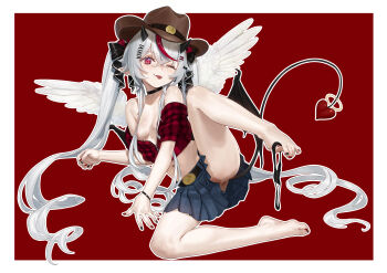  1girl agemmata alternate_costume alternate_hairstyle alternative_version_available anus anus_peek black_bow black_horns black_panties bow breasts crossed_bangs demon_tail feathered_wings feet frilled_skirt frills full_body grey_hair hair_between_eyes hair_bow hair_ornament hair_spread_out hairclip highres horns long_sidelocks lying multicolored_hair nail_polish navel nipples no_panties one_eye_closed one_leg_raised panties panties_around_toe phase_connect pointy_ears red_background red_bow red_eyes red_hair remilia_nephys sidelocks skirt solo spread_toes streaked_hair tail tail_ornament toe-point toenail_polish toenails toes tongue tongue_out underwear very_long_sidelocks virtual_youtuber white_wings wiggling_toes wings wink  rating:Questionable score:19 user:Nao