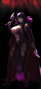  1girl absurdres black_hair braid breasts bridal_gauntlets center_opening clasp cleavage cloak cocktail_dress commentary_request dress dual_wielding elsa_granhilte feather_trim flower frilled_bridal_gauntlets full_body hair_flower hair_ornament high_heels highres holding holding_knife knife kukri large_breasts long_hair looking_at_viewer mole mole_under_eye multicolored_cloak navel nikuman_(samara) pantyhose purple_eyes purple_flower purple_rose purple_trim re:zero_kara_hajimeru_isekai_seikatsu red_lining rose smile solo spotlight two-sided_cloak two-sided_fabric 