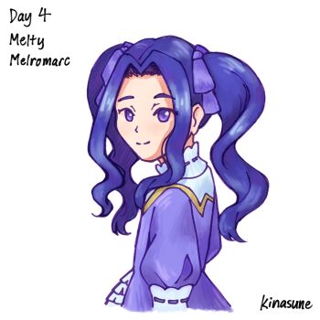  1girl artist_name character_name child closed_mouth collared_dress commentary cropped_torso dress english_commentary english_text forehead from_side hair_intakes hair_ribbon high_collar highres kinasune long_sidelocks long_sleeves looking_at_viewer looking_to_the_side medium_hair melty_q_melromarc no_sclera purple_dress purple_eyes purple_hair purple_ribbon ribbon ribbon-trimmed_collar ribbon_trim sidelocks signature simple_background smile solo tate_no_yuusha_no_nariagari twintails two-tone_dress upper_body wavy_hair white_background white_dress 