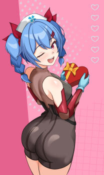  1girl ass bare_shoulders blue_hair blush breasts colphne_(girls'_frontline_2) detached_sleeves elbow_gloves from_behind frost_apple girls'_frontline girls'_frontline_2:_exilium gloves hair_ribbon hat huge_ass long_hair looking_at_viewer looking_back medium_breasts one_eye_closed open_mouth red_eyes ribbon sideboob smile solo twintails unitard 