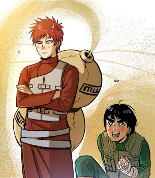  2boys aqua_eyes bandaged_hand bandages black_hair blunt_bangs blush bodysuit bowl_cut clenched_hand crossed_arms flak_jacket gaara_(naruto) gourd green_bodysuit green_vest grey_vest highres jacket looking_at_another male_focus multiple_boys naruto_(series) naruto_shippuuden nervous_sweating no_eyebrows open_mouth red_hair red_robe robe rock_lee sand scar scar_on_face scar_on_forehead short_hair smile sparkling_eyes sweat sweatdrop thick_eyebrows tinh_daubuoi vest white_background 