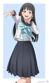  1girl akebi-chan_no_serafuku akebi_komichi black_hair blue_background blue_eyes blue_neckerchief blue_skirt commentary_request highres kneehighs kyoukyan long_hair long_sleeves neckerchief roubai_academy_school_uniform_(old) sailor_collar school_uniform serafuku shouting skirt smile socks undershirt v 